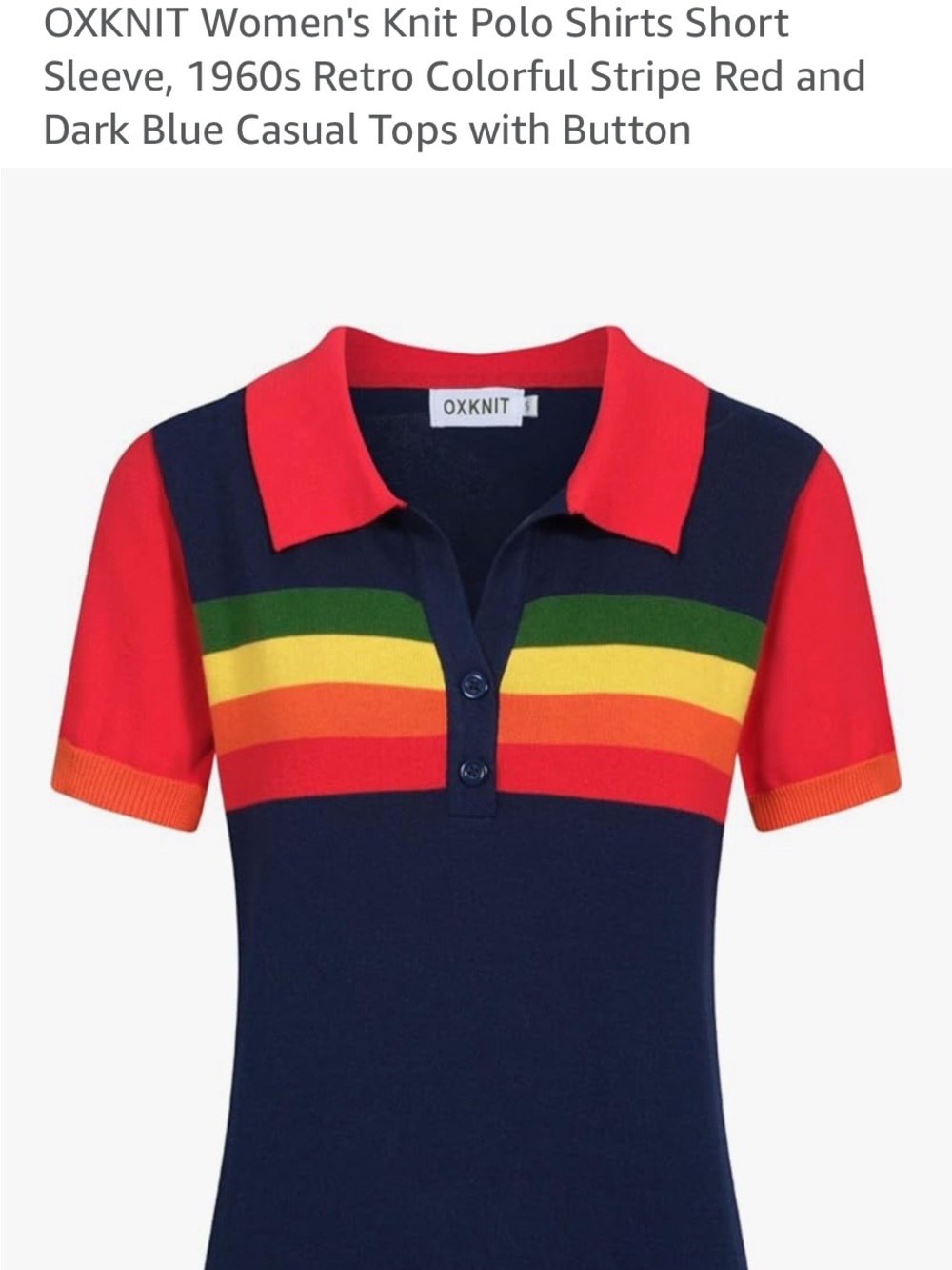 OXKNIT Women's Navy Polo Top with Red Collar and Rainbow Stripes
